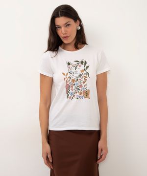 camiseta de algodão gato com flores off white