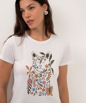 camiseta de algodão gato com flores off white