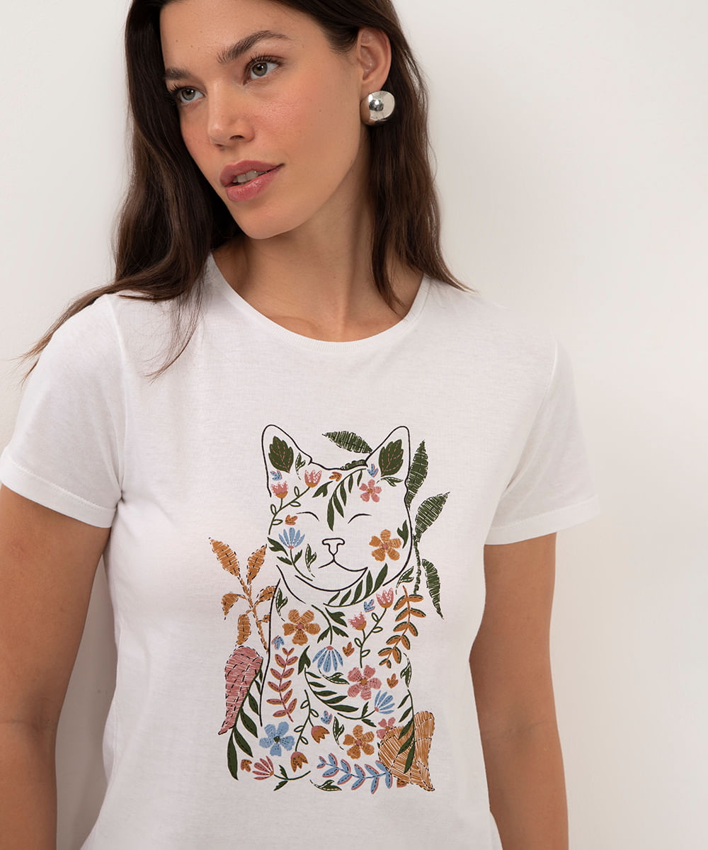camiseta de algodão gato com flores off white
