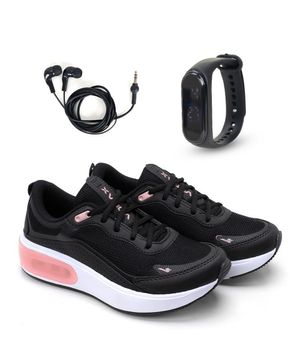 Kit Tênis Feminino Caminhada + Fone de Ouvido + Relógio Preto