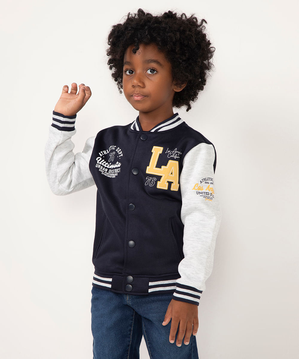 jaqueta de moletom infantil college manga longa azul marinho