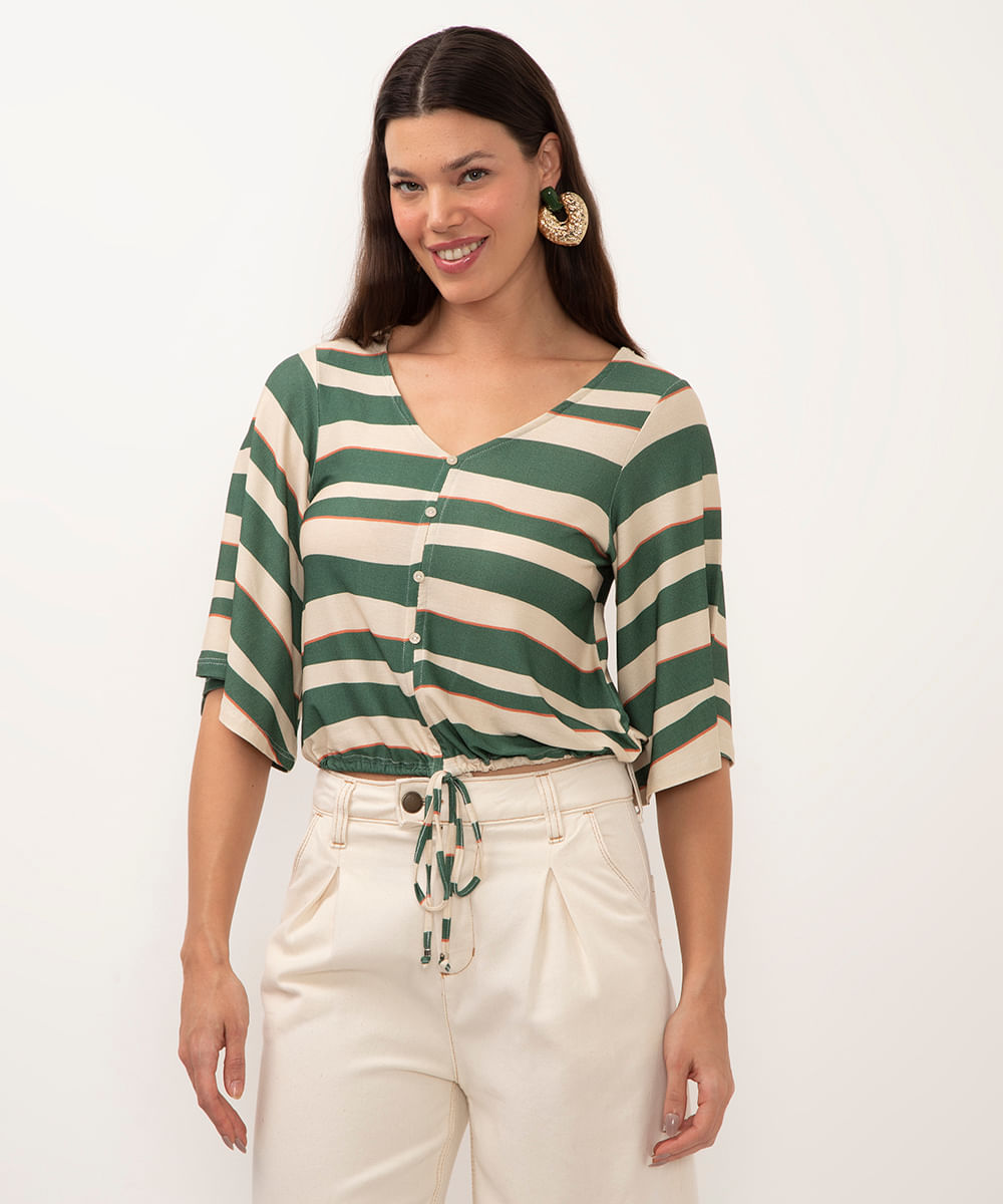 blusa de viscose listrada com botões verde