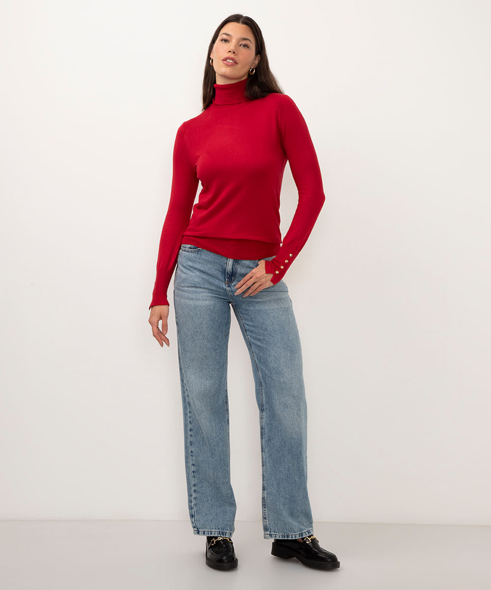 blusa gola alta manga longa botões - vermelho
