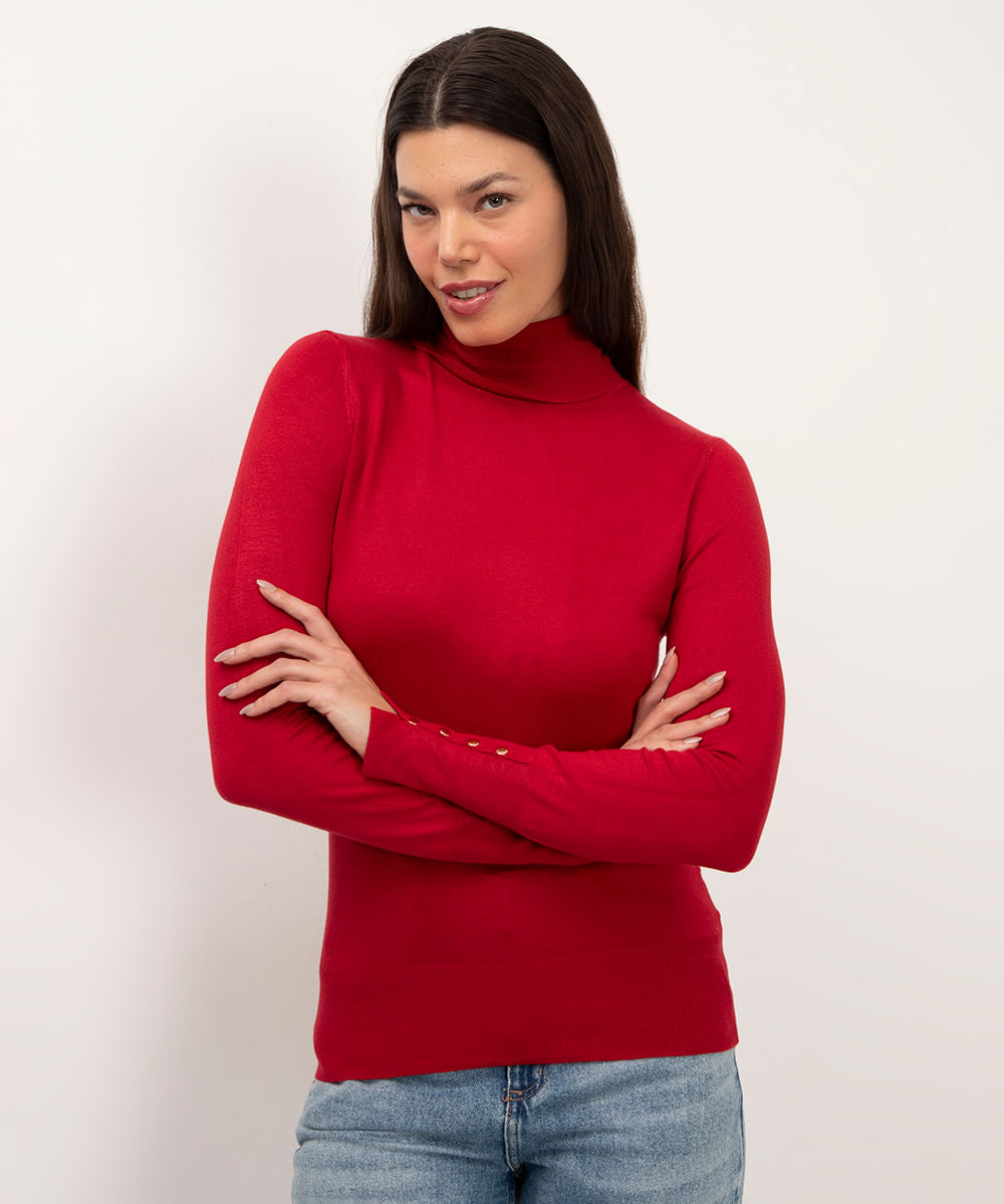 blusa gola alta manga longa botões - vermelho