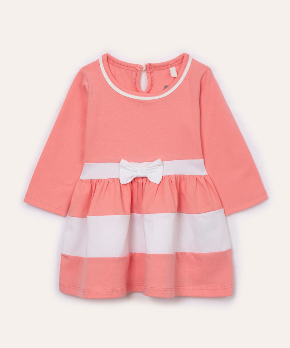 vestido de algodão infantil com laço manga longa rosa médio