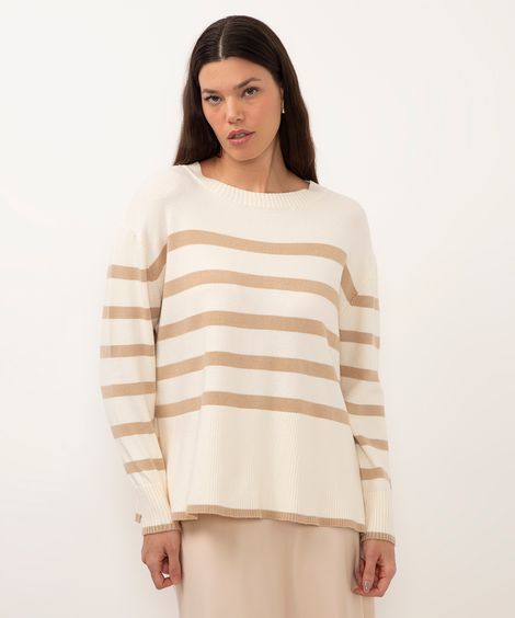 suéter de tricot listrado com fendas bege