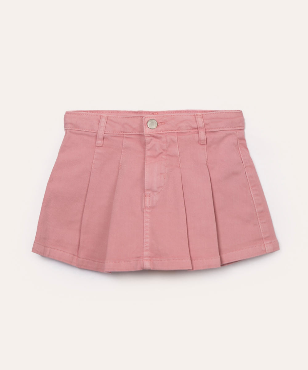 short saia infantil jeans com pregas rosa