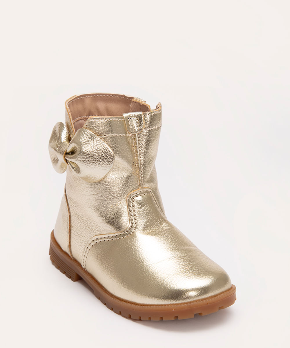 bota infantil metalizada com laço baby club dourado