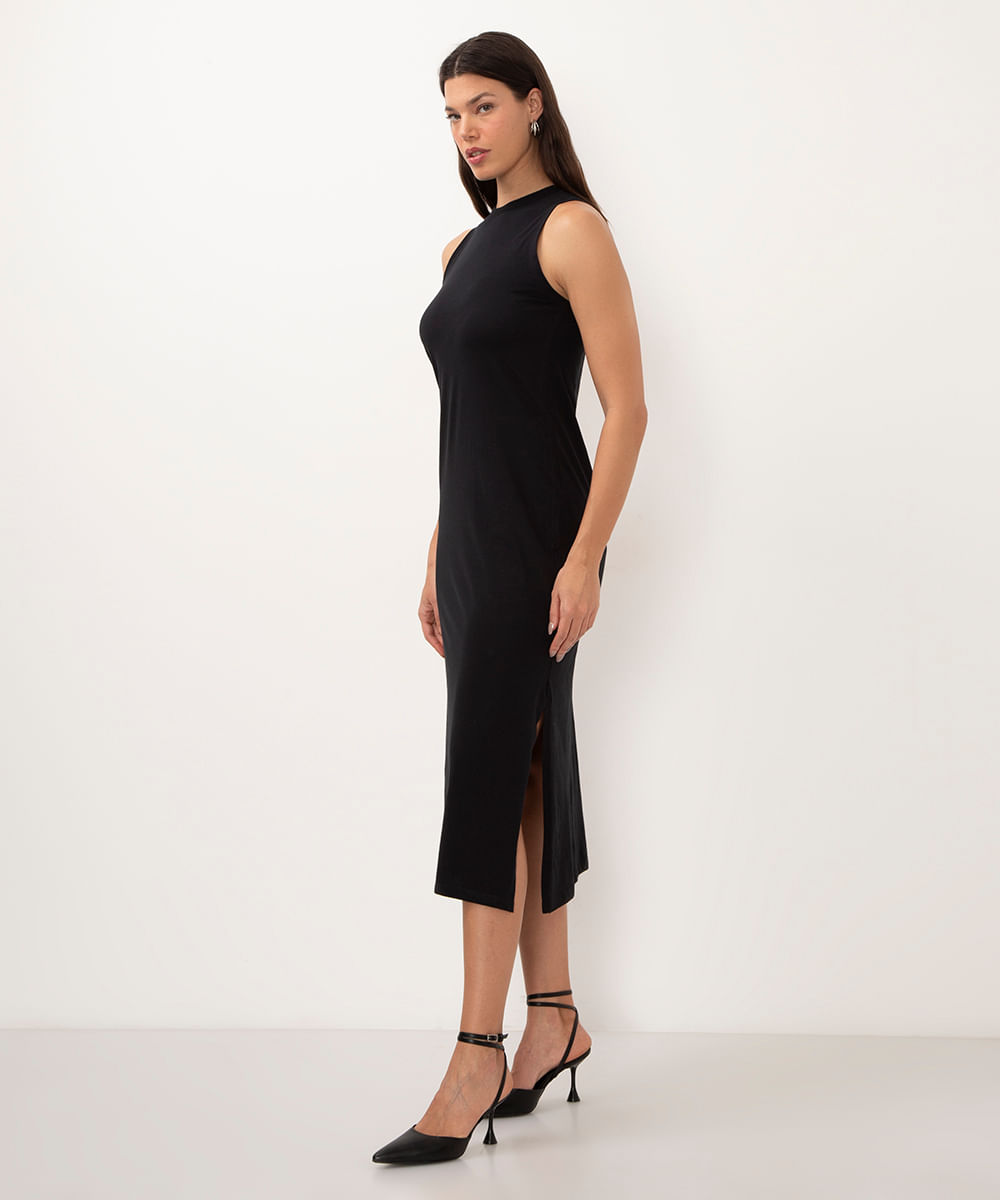 vestido de algodão midi com fenda preto
