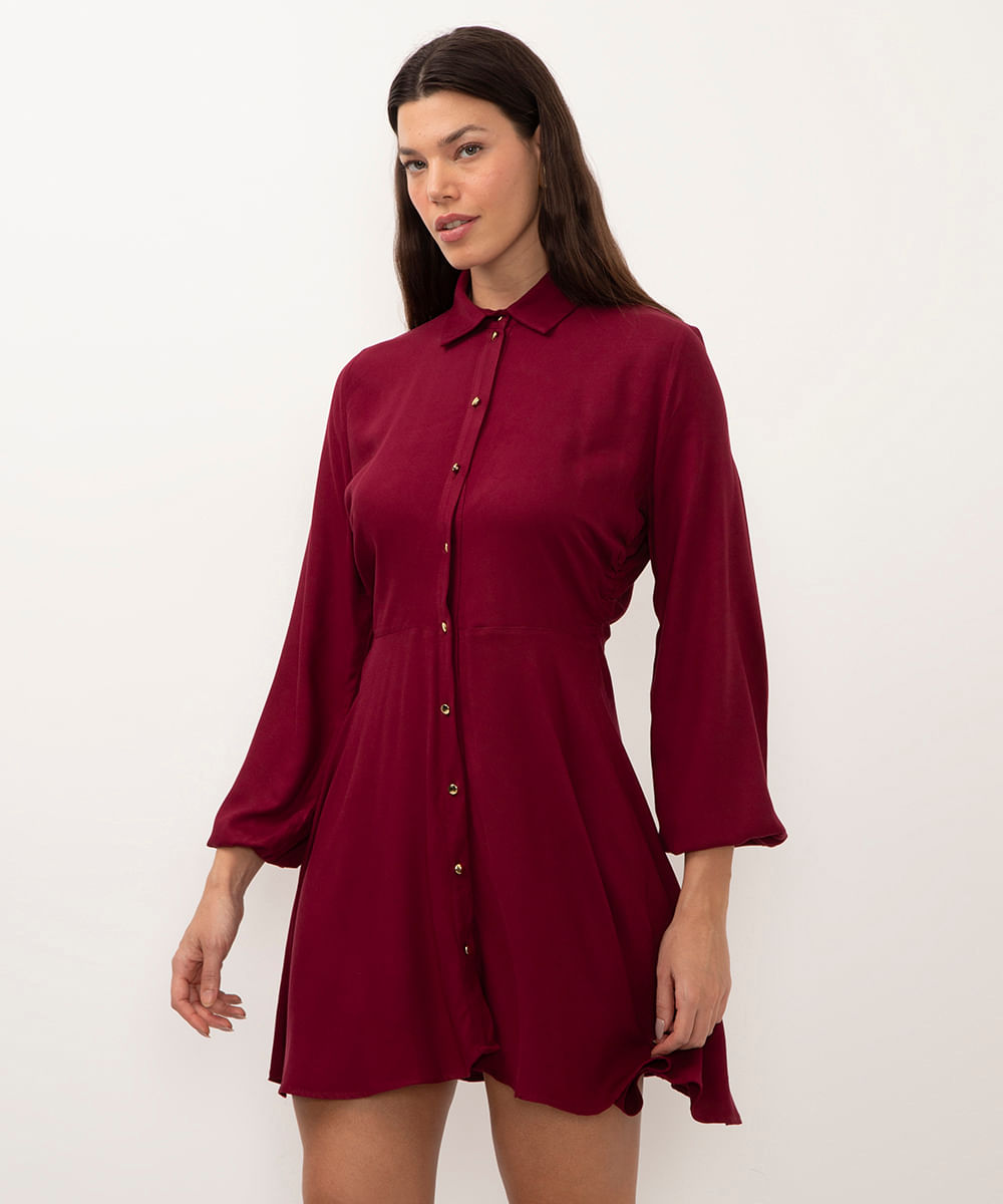 vestido curto de viscose manga bufante vinho