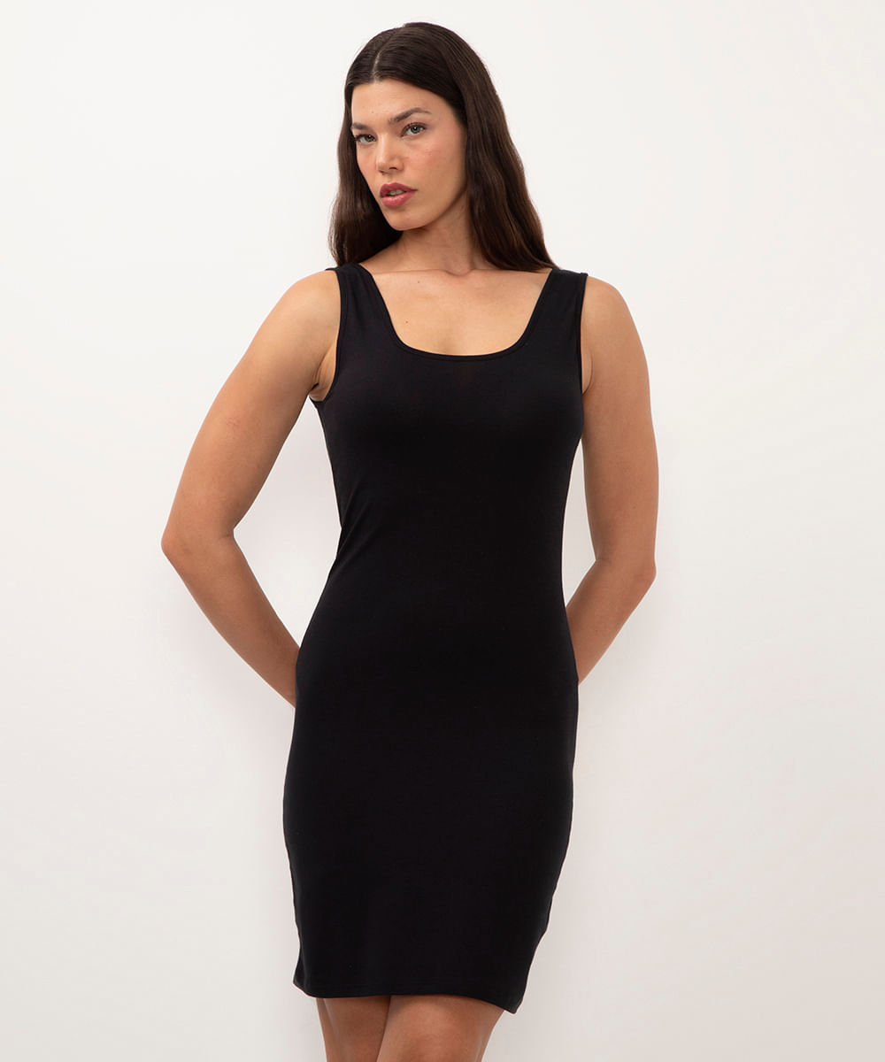 vestido de algodão curto decote quadrado preto