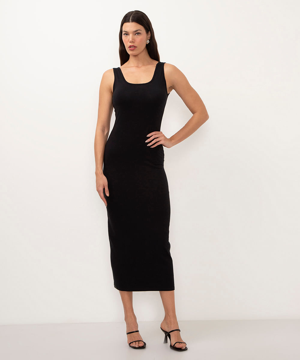 vestido de algodão decote quadrado preto