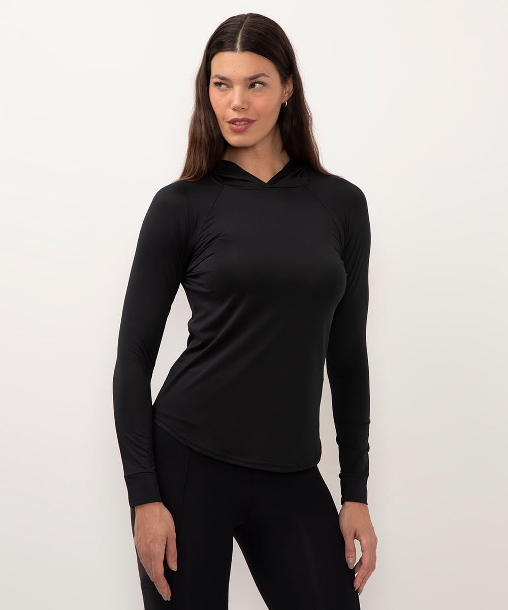 blusa mesclada manga longa com capuz esportiva preto