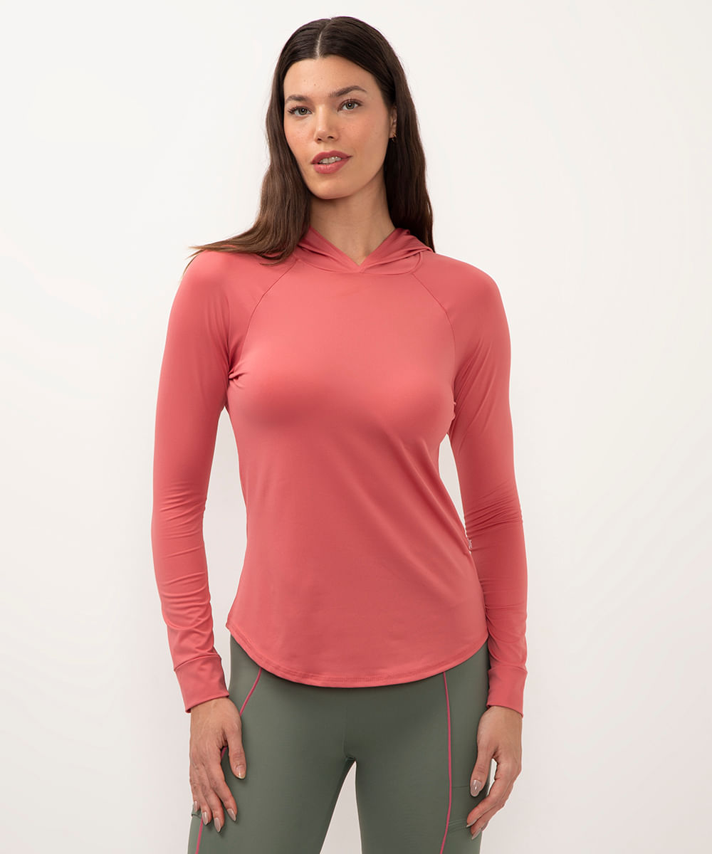 blusa mesclada manga longa com capuz esportiva rosa