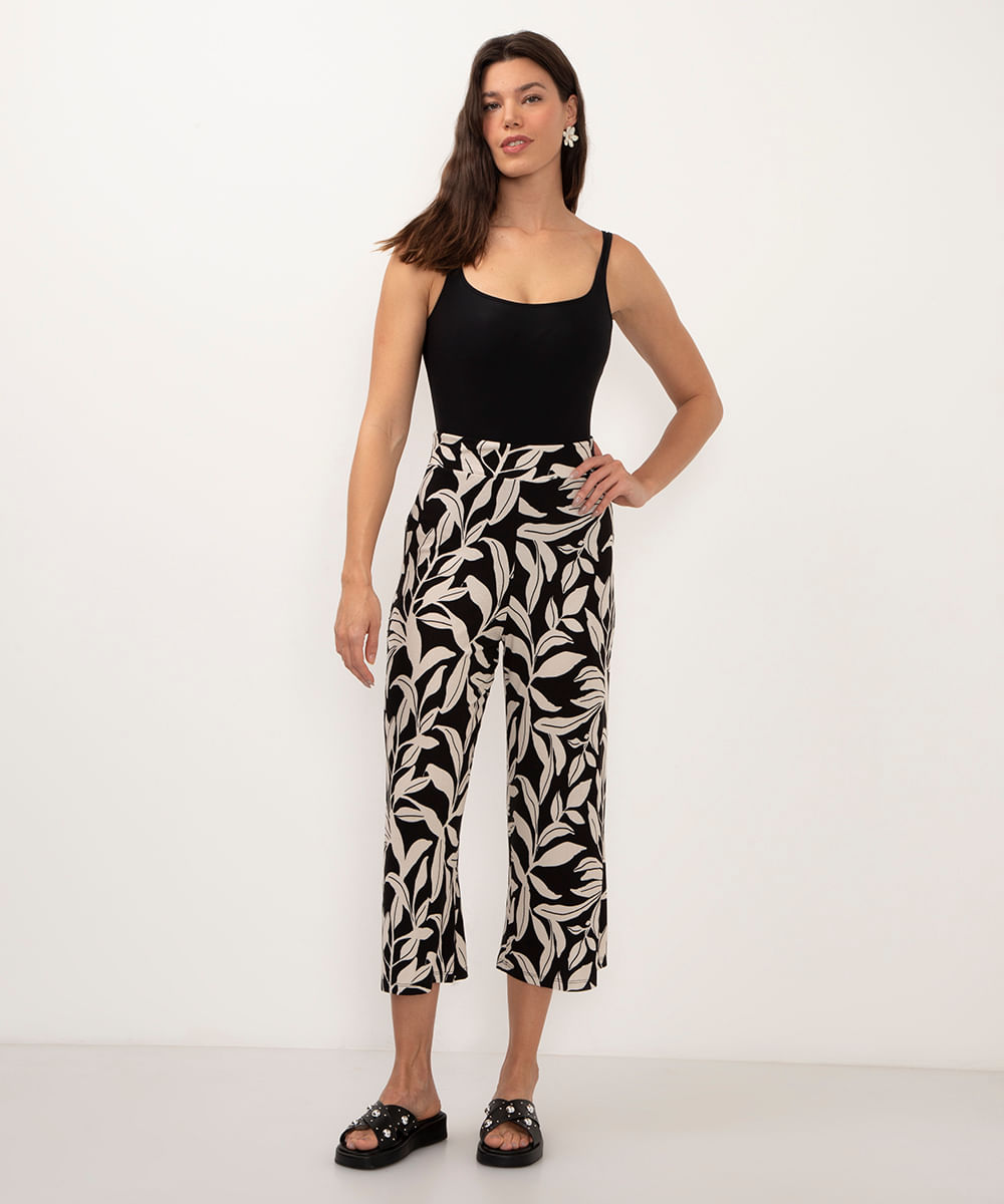 calça pantacourt de viscose folhagem preto
