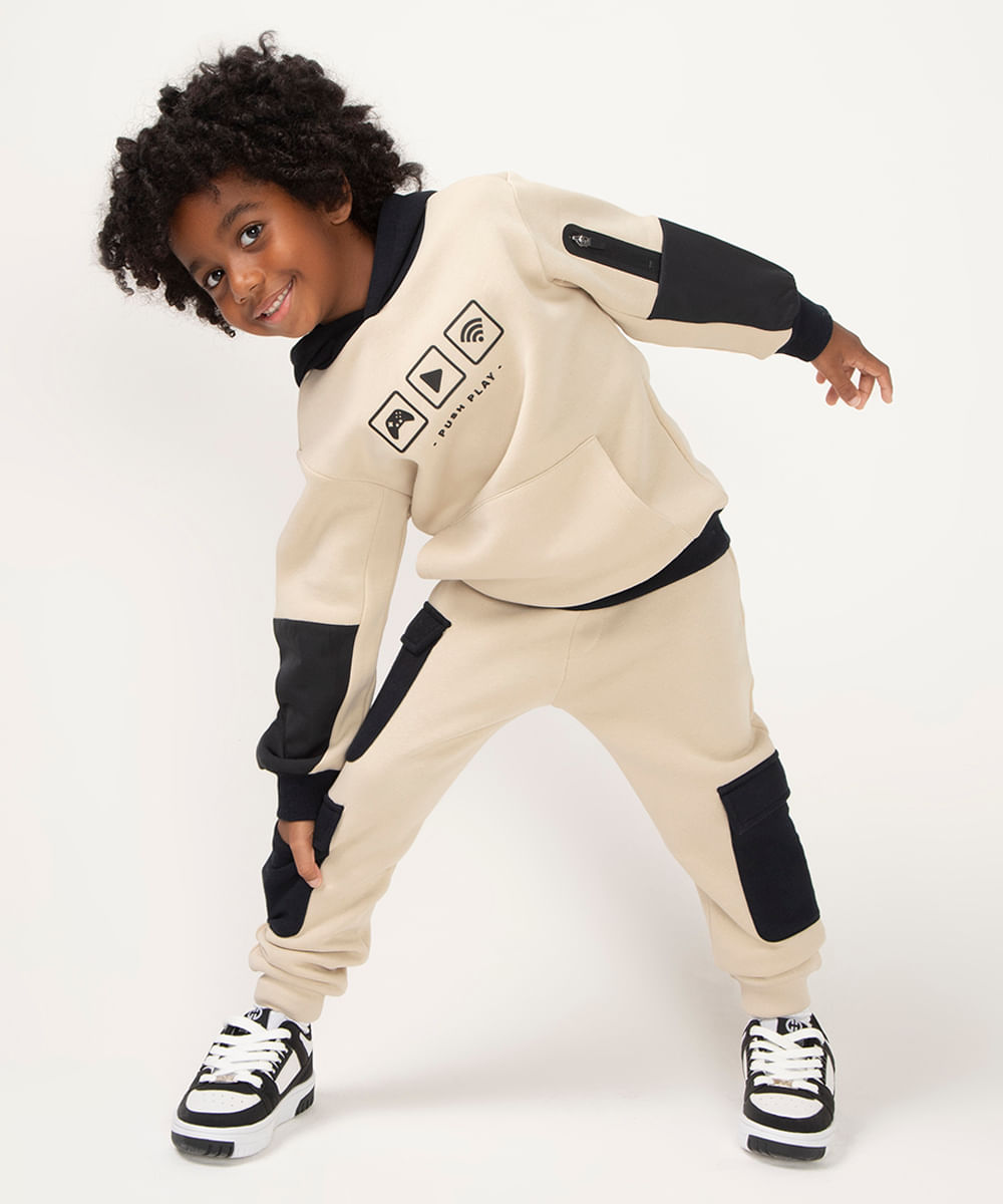 calça de moletom infantil cargo bege