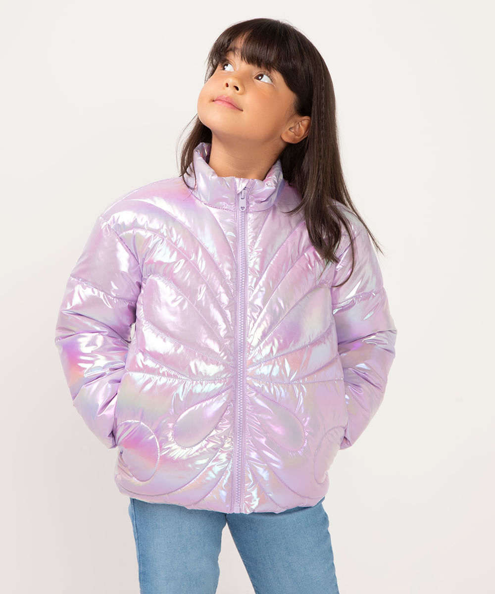 jaqueta puffer infantil borboleta holográfica colorida