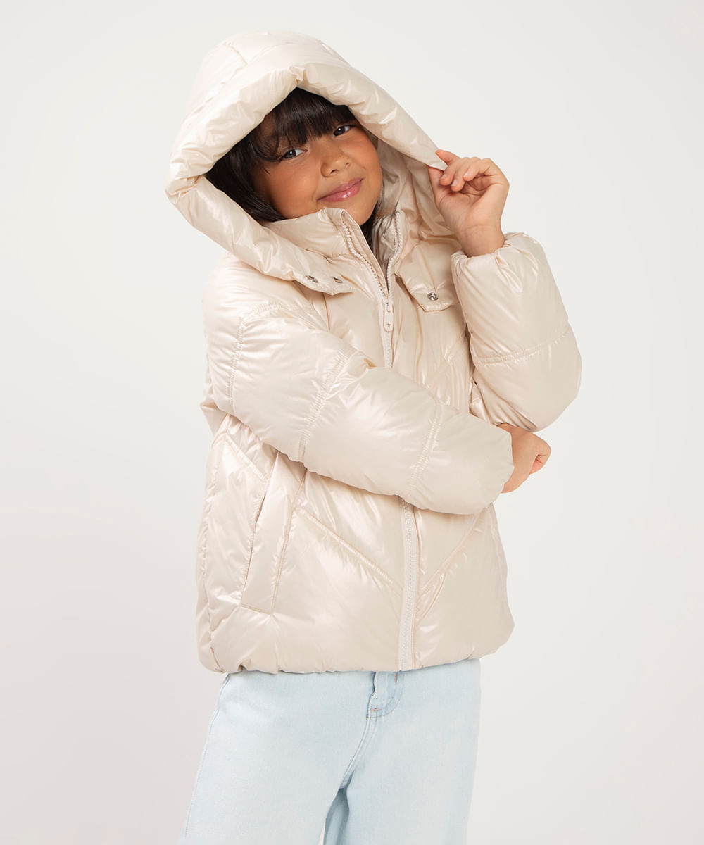 jaqueta puffer infantil com capuz bege