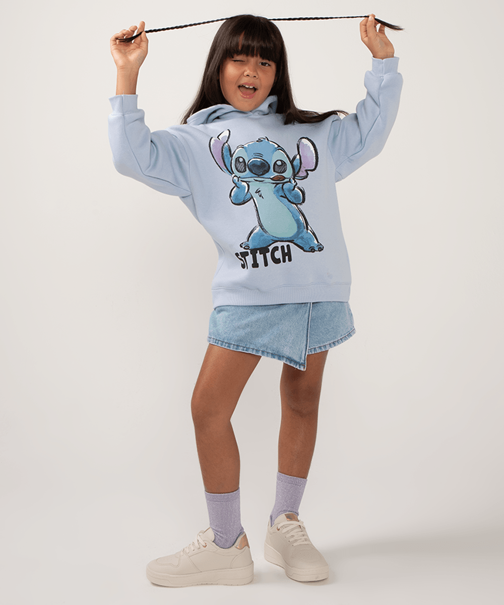 blusão de moletom infantil stitch azul claro