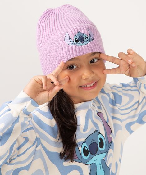 gorro de tricot infantil stitch lilás