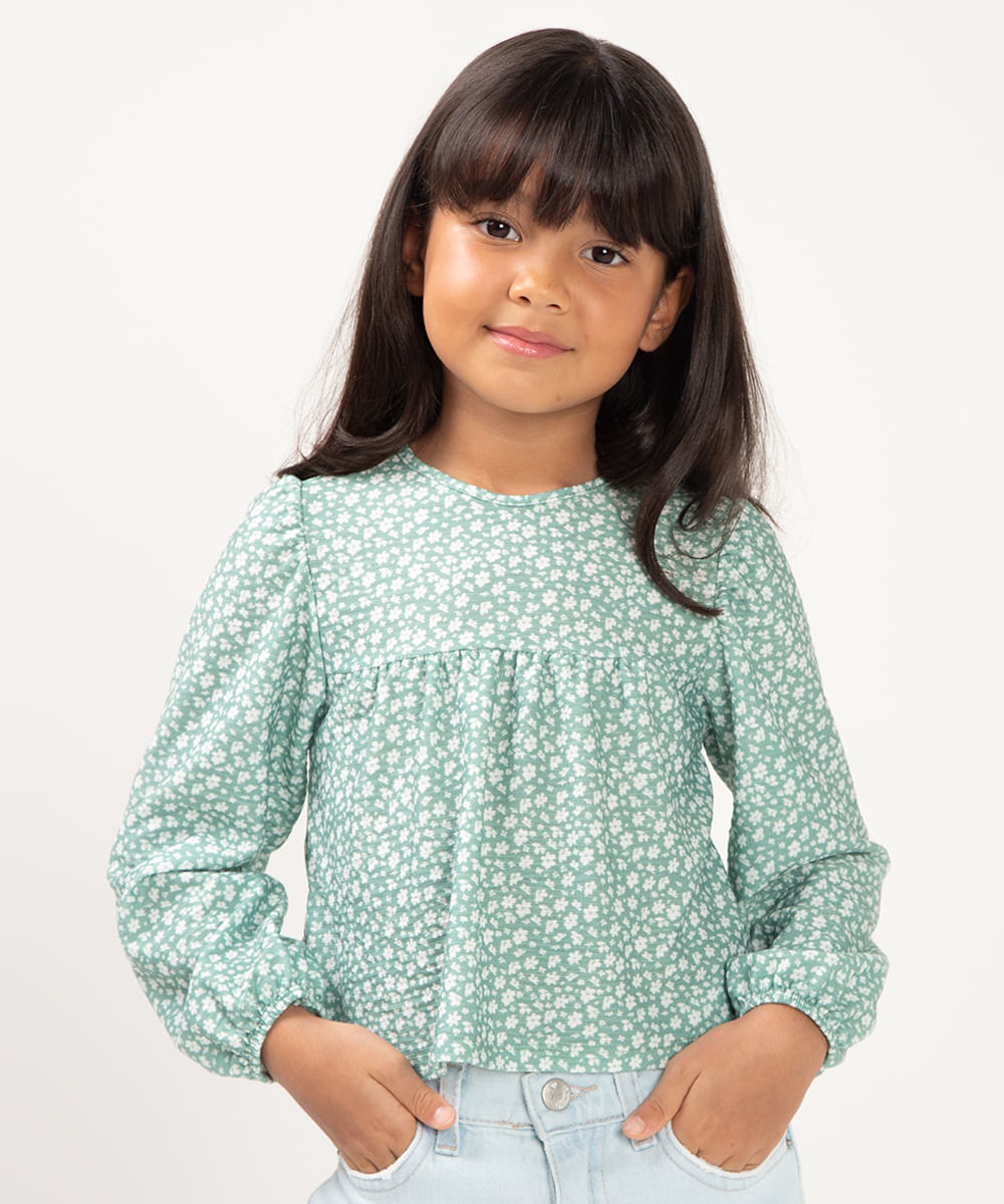 bata infantil manga longa floral verde