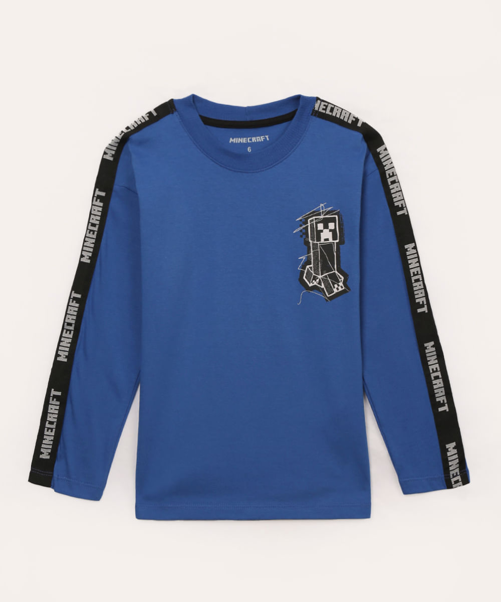 blusa de algodão infantil manga longa minecraft azul