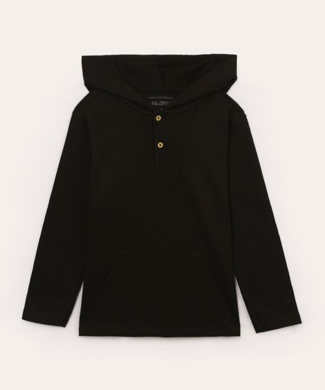 camiseta infantil de algodão texturizada com capuz manga longa azul médio - preto