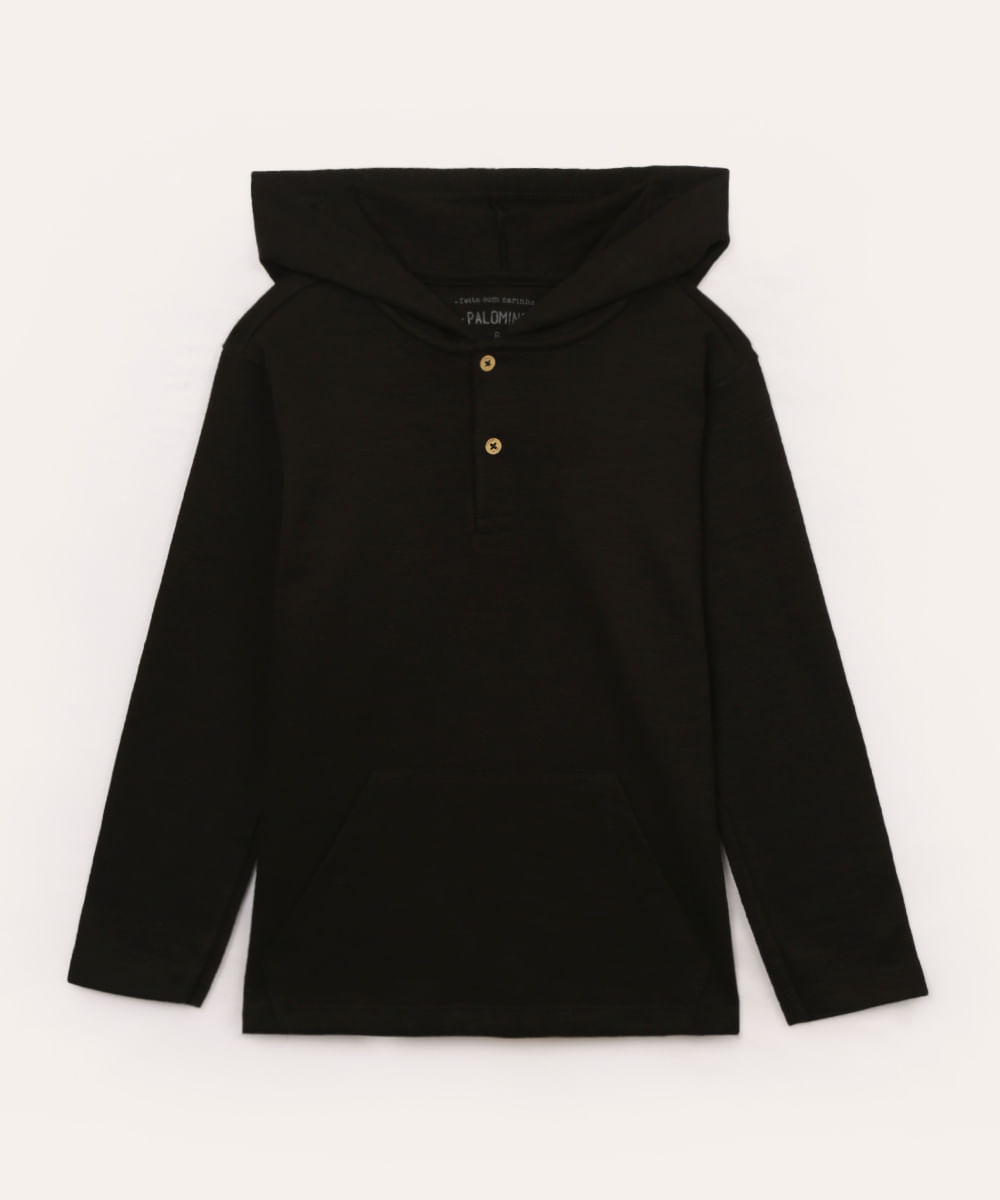 camiseta infantil de algodão texturizada com capuz manga longa azul médio - preto