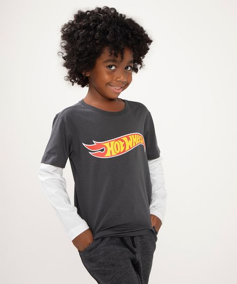 camiseta infantil manga longa hot wheels cinza