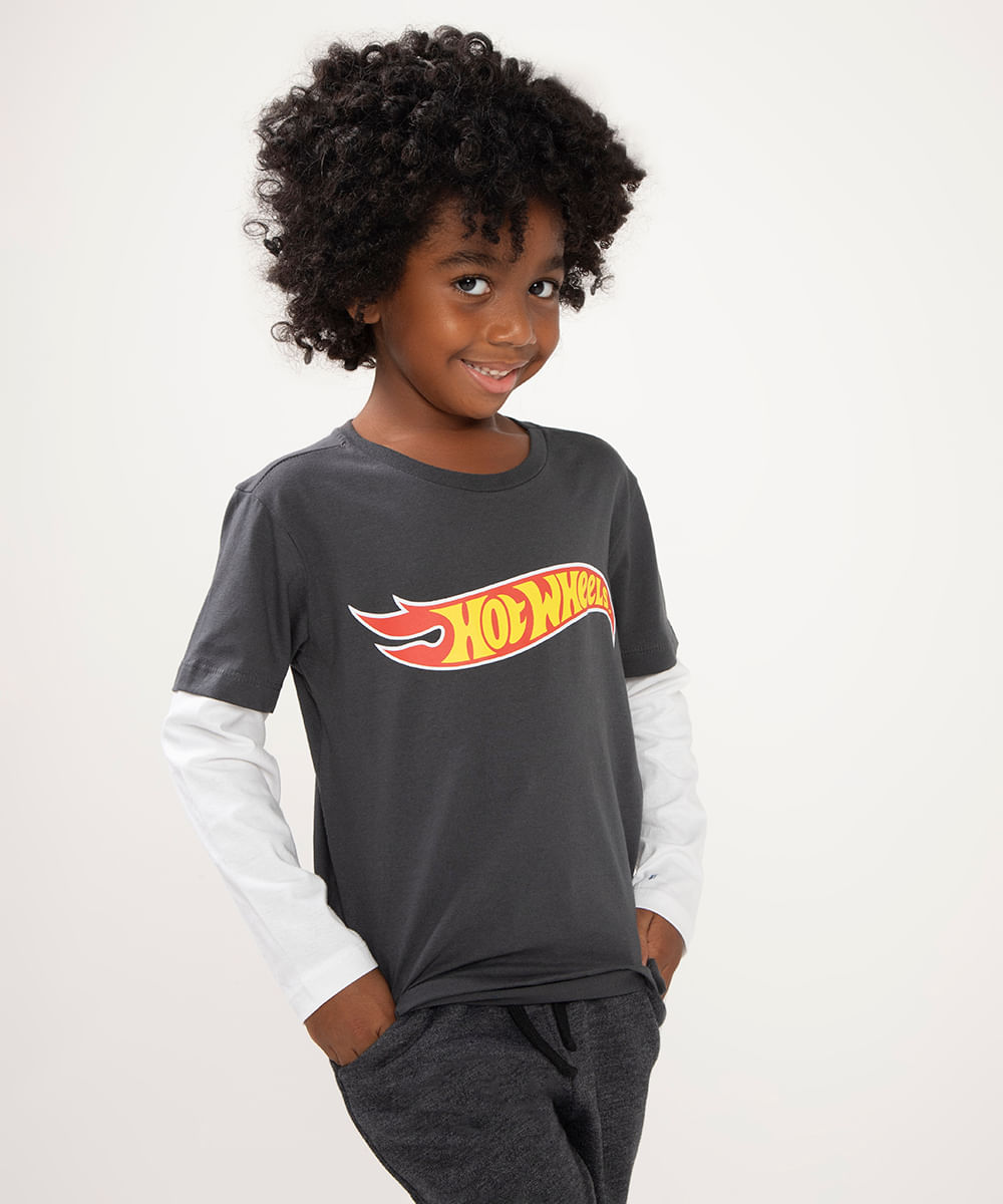 camiseta infantil manga longa hot wheels cinza
