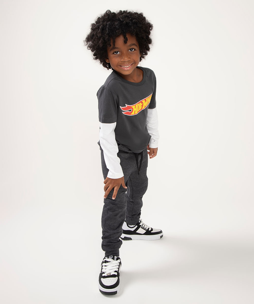 camiseta infantil manga longa hot wheels cinza