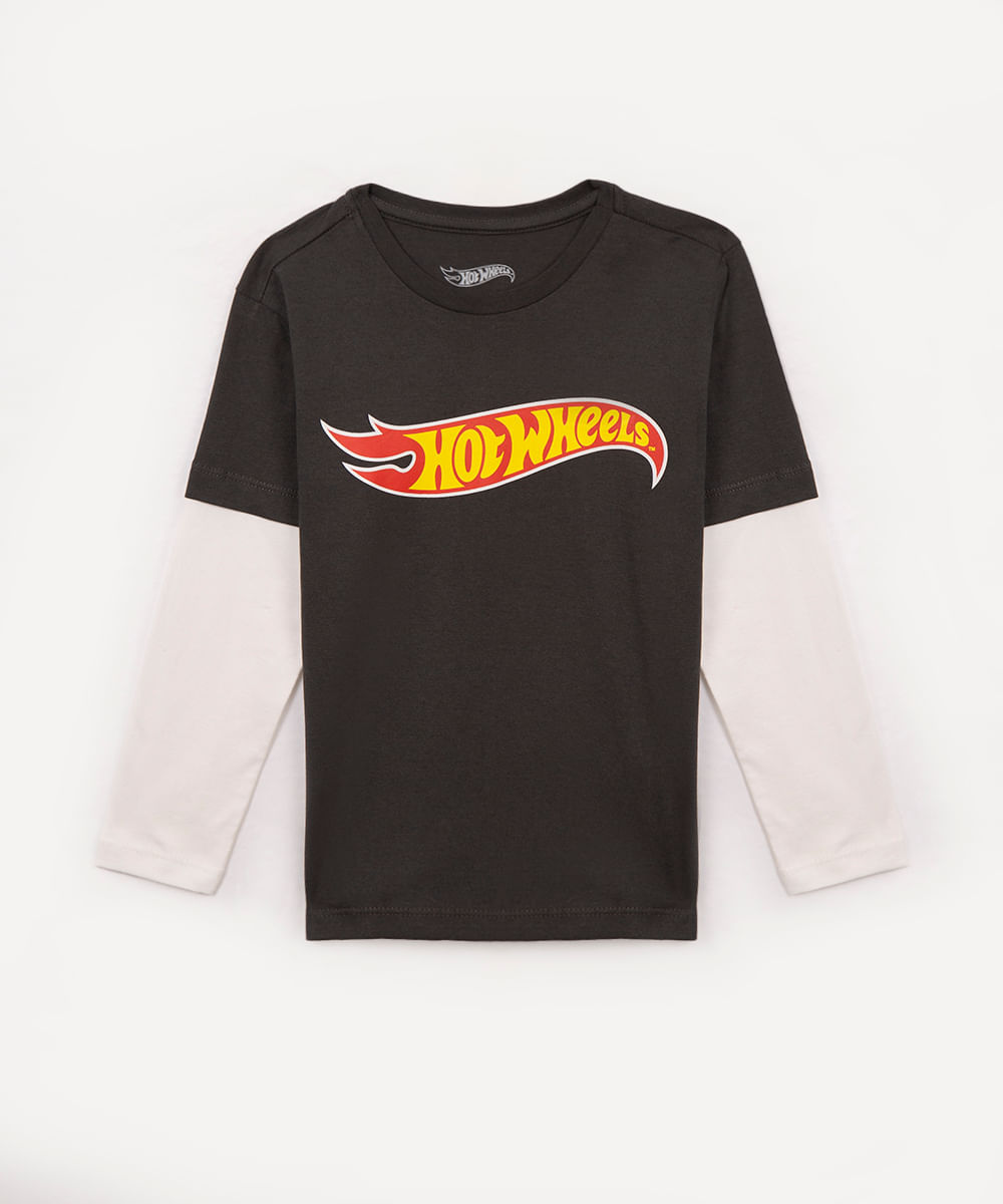 camiseta infantil manga longa hot wheels cinza