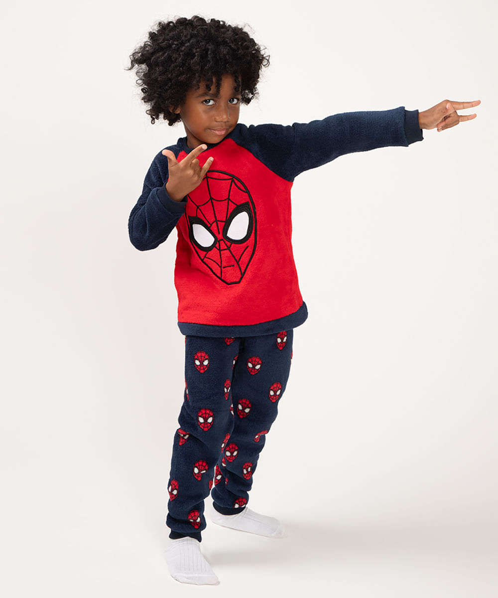 pijama de pelúcia infantil homem aranha manga longa azul marinho