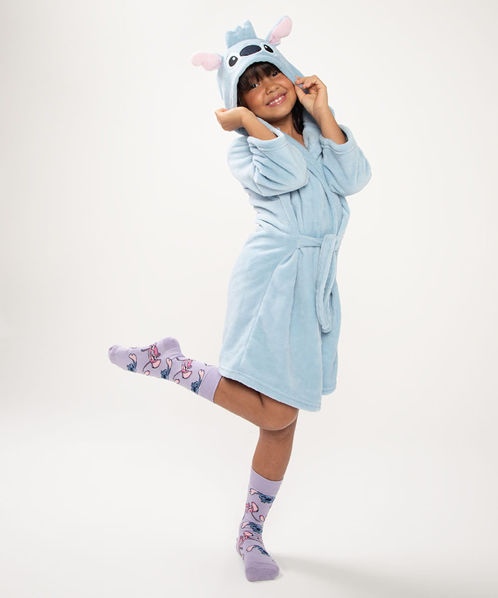 roupão infantil stitch fleece azul claro