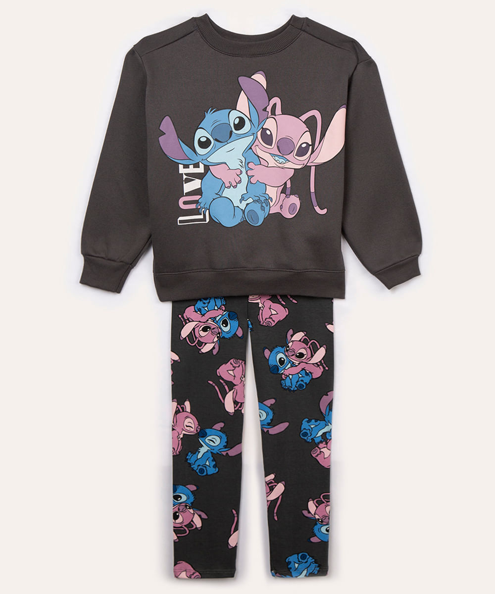 conjunto de moletom infantil stitch e angel cinza