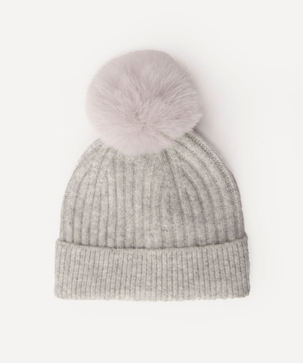 gorro de tricot infantil com pompom cinza