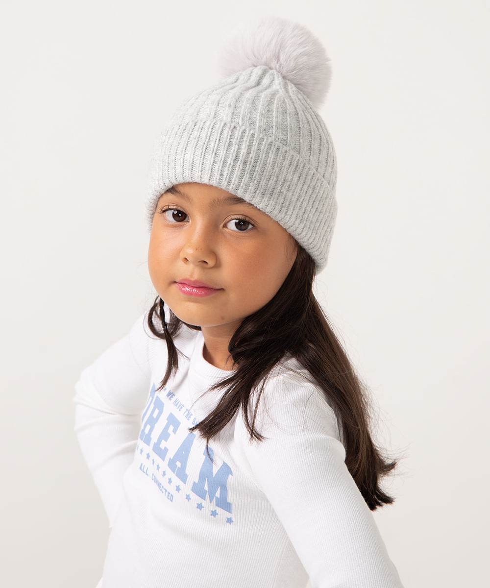 gorro de tricot infantil com pompom cinza