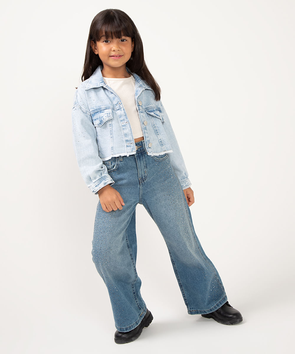 calça wide leg jeans infantil com brilho azul