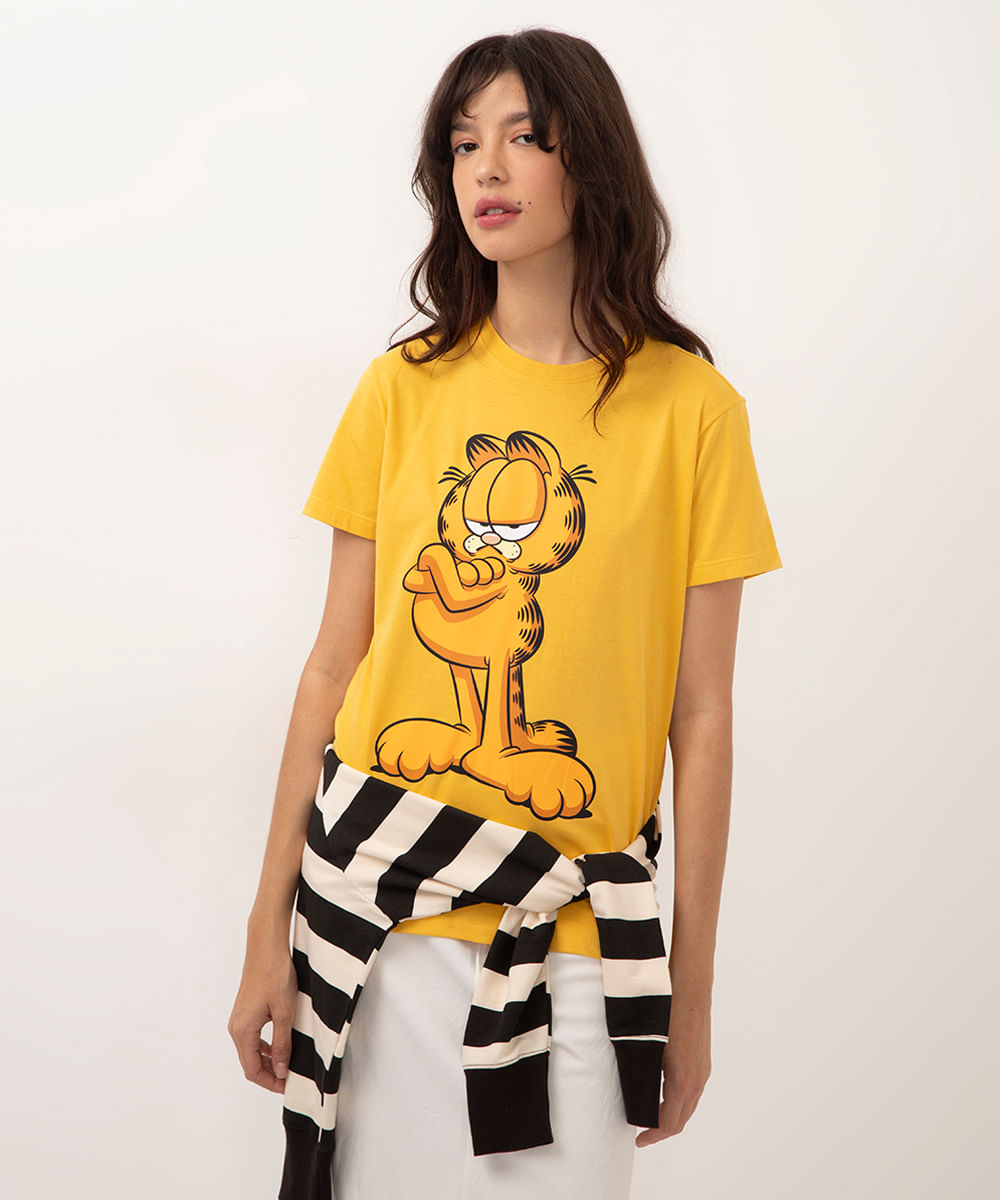 camiseta de algodão manga curta garfield amarelo