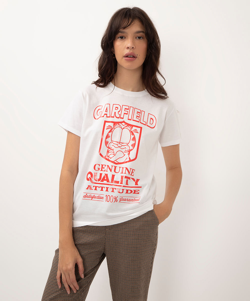 camiseta de algodão manga curta garfield branco