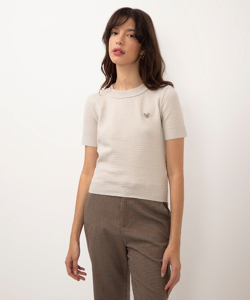 blusa de tricot manga curta minnie bege