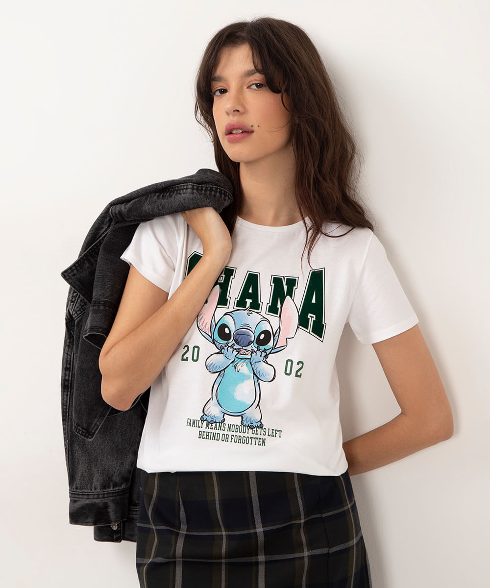 camiseta de algodão manga curta stitch ohana branco