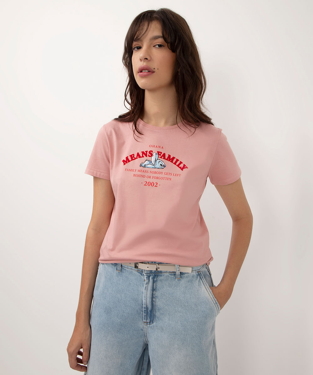 camiseta de algodão manga curta stitch rosa