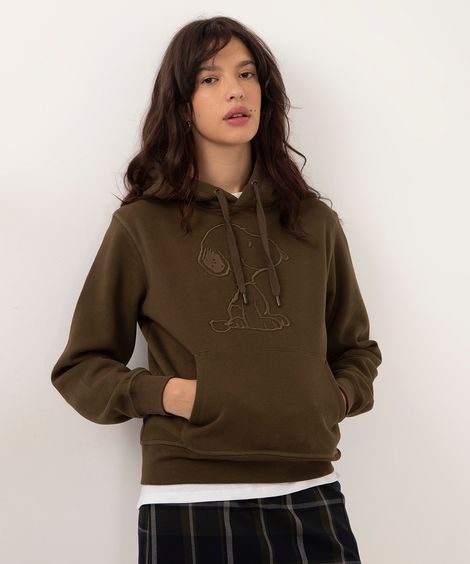blusão de moletom bordado snoopy verde militar