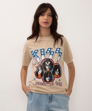 camiseta de algodão manga curta kiss bege