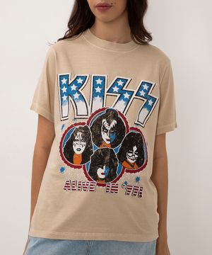 camiseta de algodão manga curta kiss bege