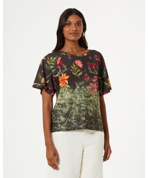 Blusa Ampla Estampada Floral Degrade - Verde Militar