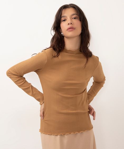 blusa de viscose canelada manga longa marrrom