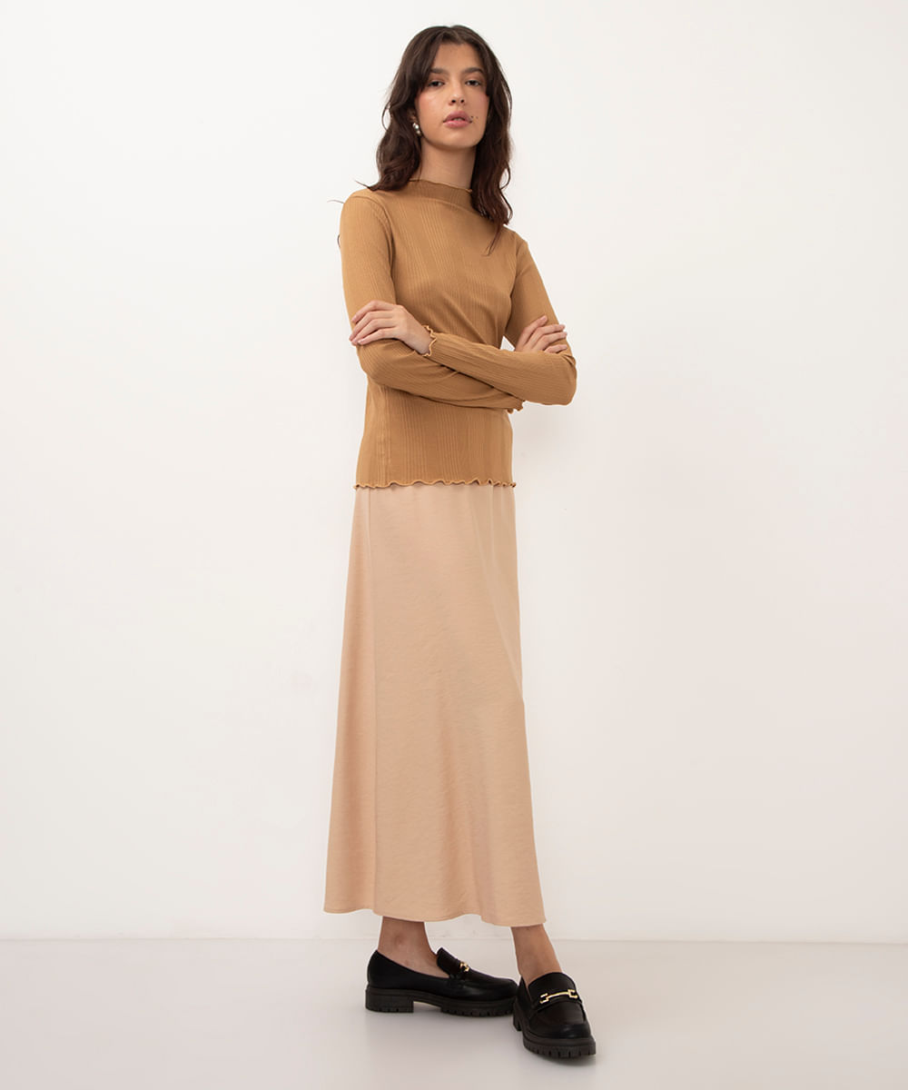 blusa de viscose canelada manga longa marrrom