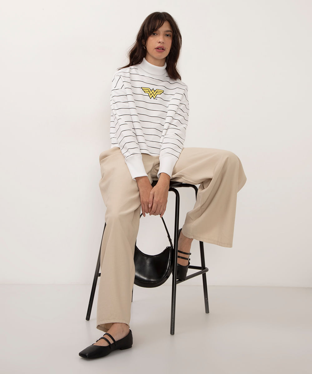 blusão de moletinho listrado mulher maravilha branco